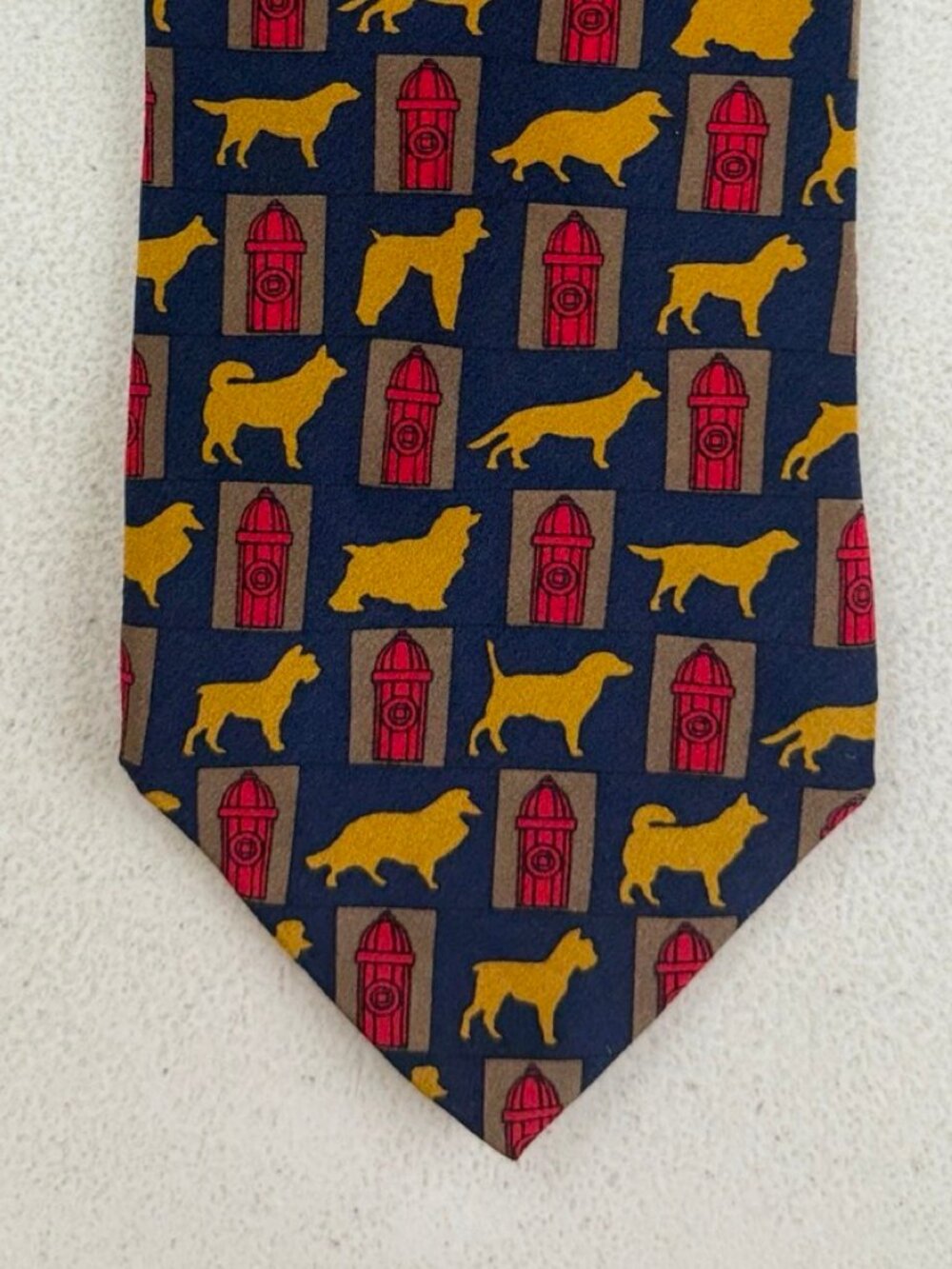 Vintage Dog Fire Hydrant Silk Tie Firefighter Canine Print Mens Necktie Y2K